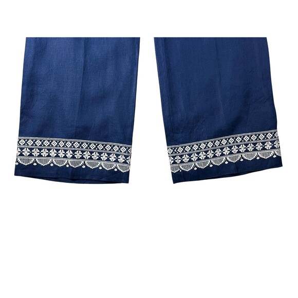 Lands' End Wide Leg Linen Pants Size M (10-12) High Waist Blue Embroidered Hem - Picture 5 of 11